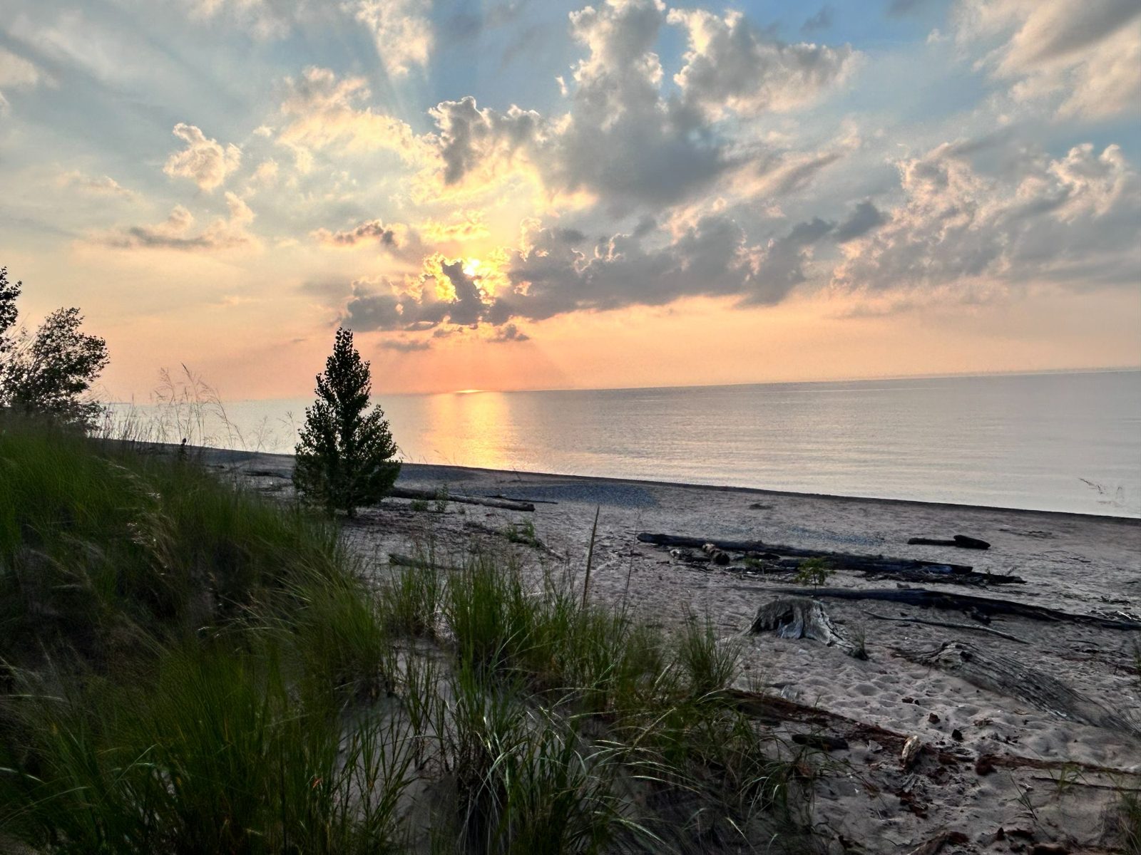 Sunset over Lake Huron from the dune ridge at Pinery, with driftwood on the beach below