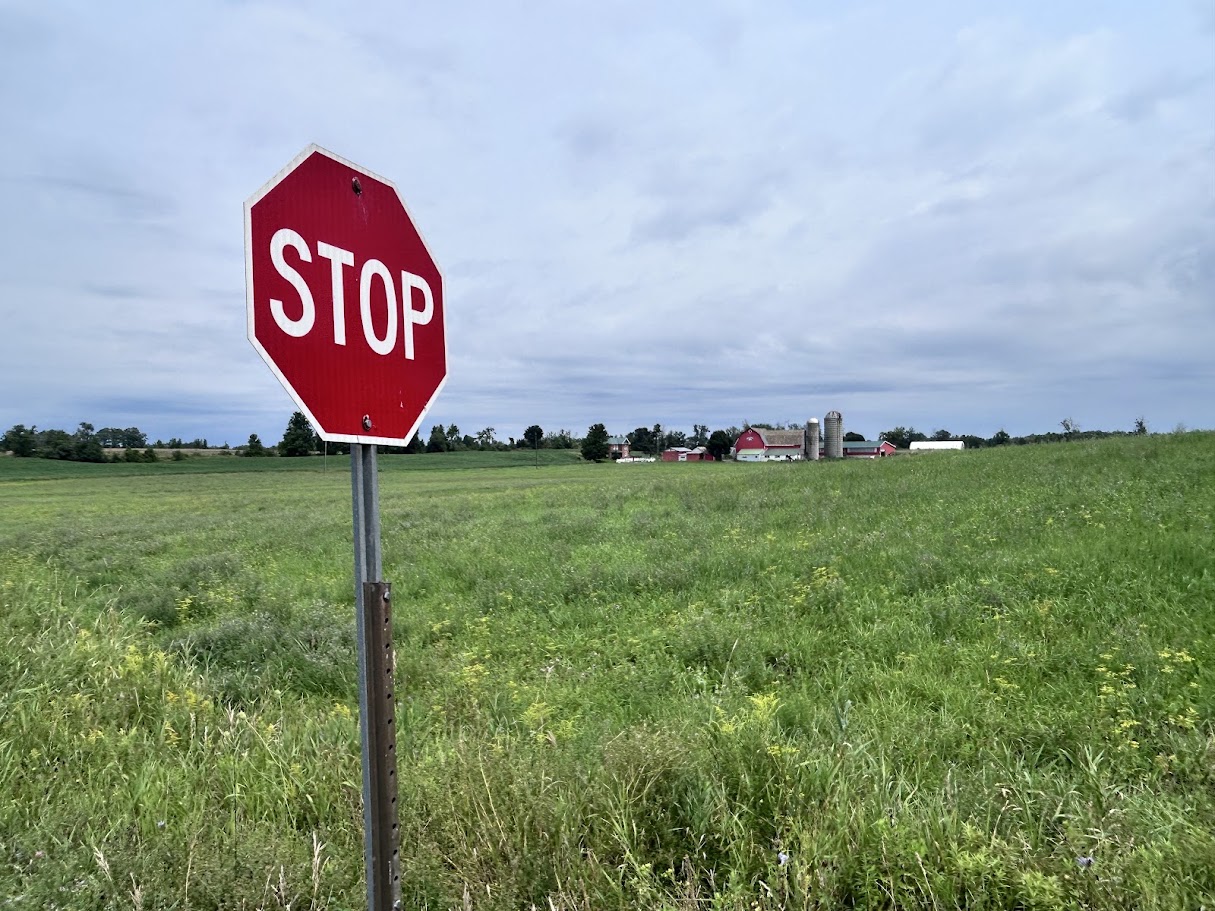 A stop sign on a quiet rural road outside Tweed, farm buildings in the distance