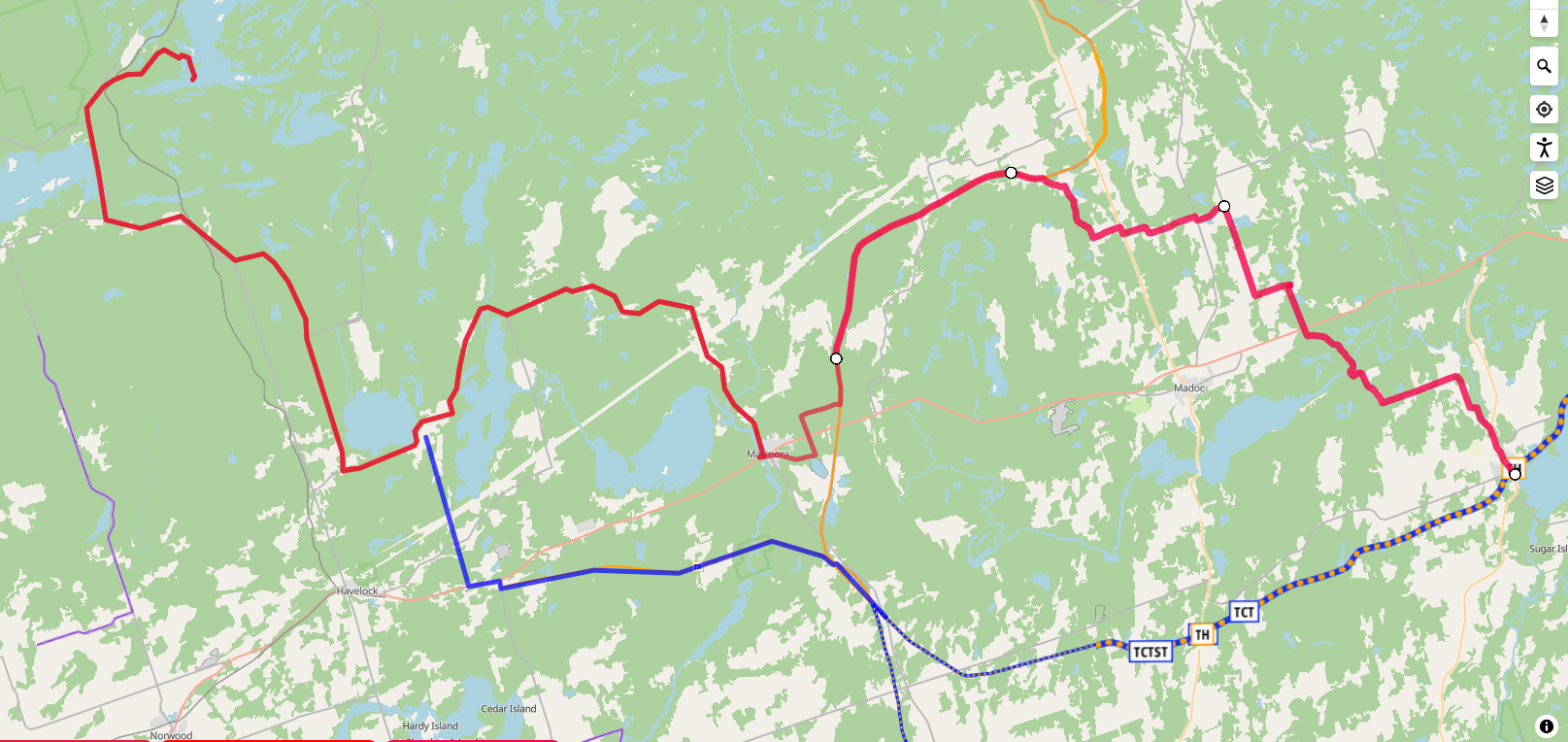 Two-day gravel route from Tweed to Kasshabog Lake and back, plotted in gpx.studio